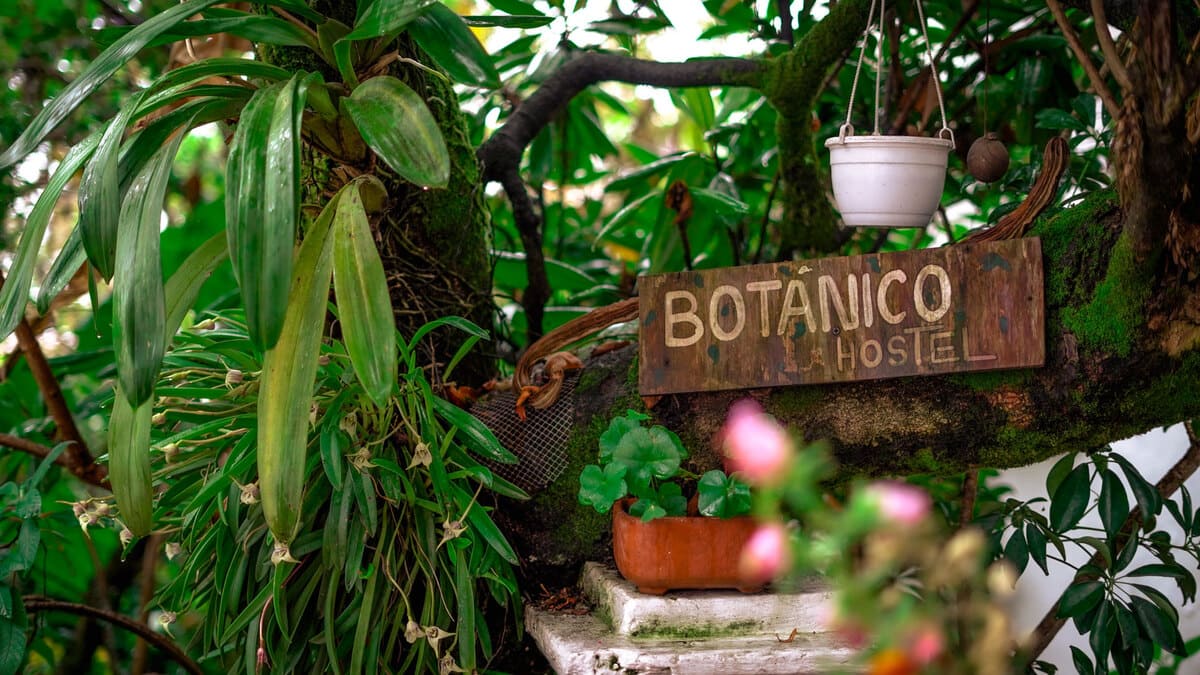 Un letrero de madera, con el nombre del hostel y rodeado de plantas, da la bienvenida. Foto: Manuela Picón - IDT